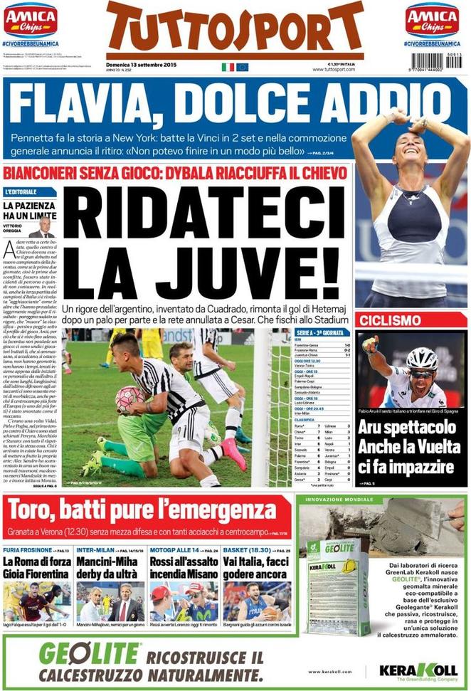 Rassegna stampa 13 settembre 2015: prime pagine Gazzetta, Corriere e Tuttosport