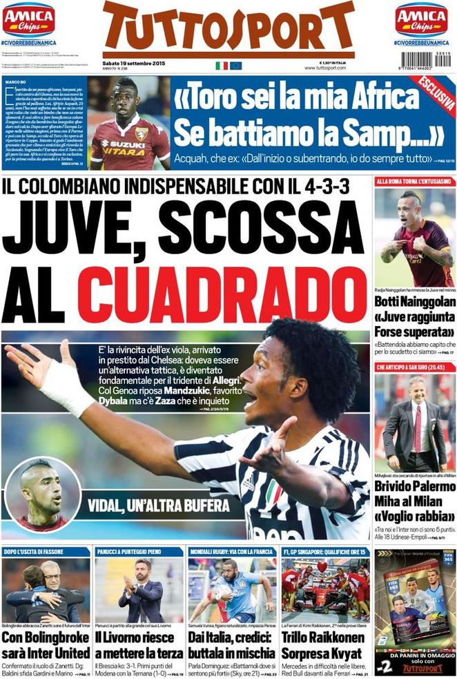 Rassegna stampa 19 settembre 2015: prime pagine Gazzetta, Corriere e Tuttosport