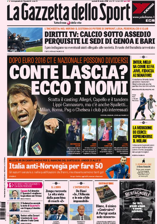 Rassegna stampa 13 ottobre 2015: prime pagine Gazzetta, Corriere e Tuttosport