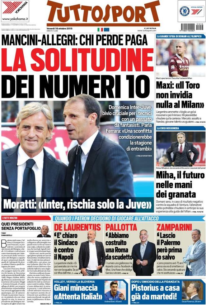 Rassegna stampa 16 ottobre 2015: prime pagine Gazzetta, Corriere e Tuttosport