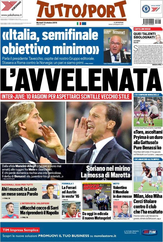 Rassegna stampa 13 ottobre 2015: prime pagine Gazzetta, Corriere e Tuttosport