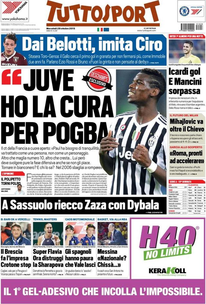 Rassegna stampa 28 ottobre 2015: prime pagine Gazzetta, Corriere e Tuttosport