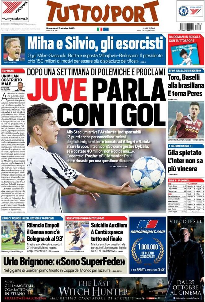 Rassegna stampa 25 ottobre 2015: prime pagine Gazzetta, Corriere e Tuttosport