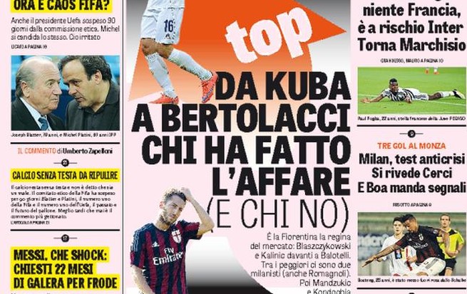 Rassegna stampa 9 ottobre 2015: prime pagine Gazzetta, Corriere e Tuttosport