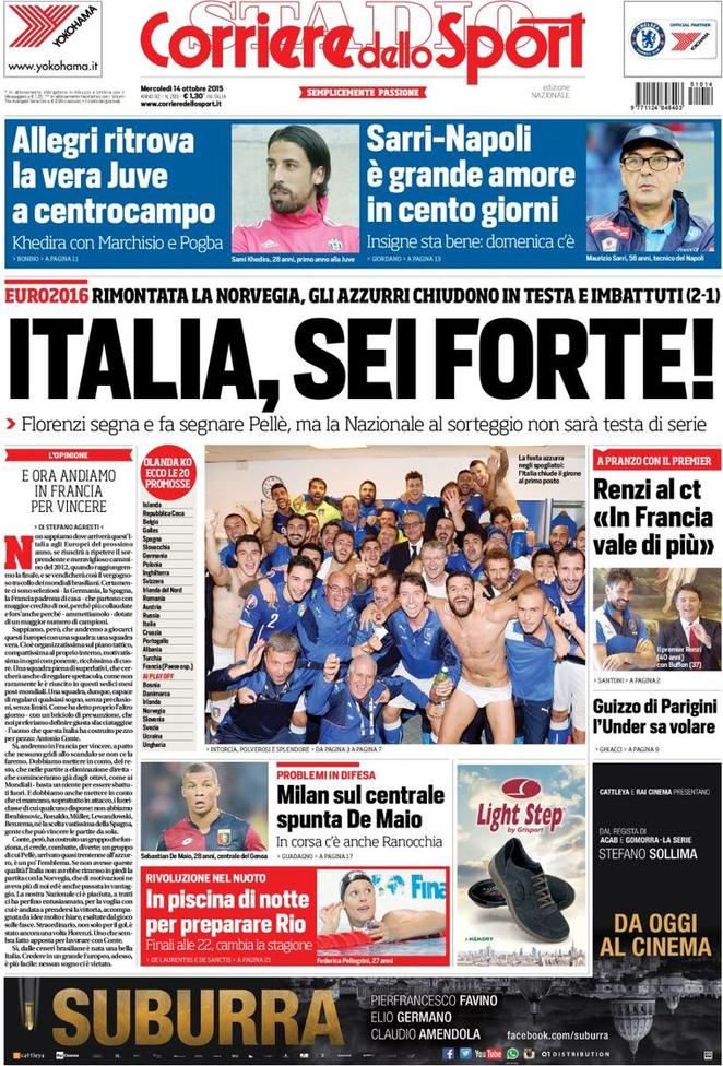 Rassegna stampa 14 ottobre 2015: prime pagine Gazzetta, Corriere e Tuttosport