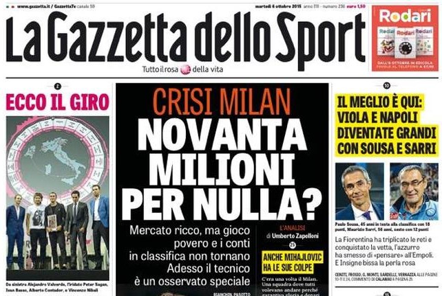 Rassegna stampa 6 ottobre 2015, prime pagine Gazzetta, Corriere e Tuttosport