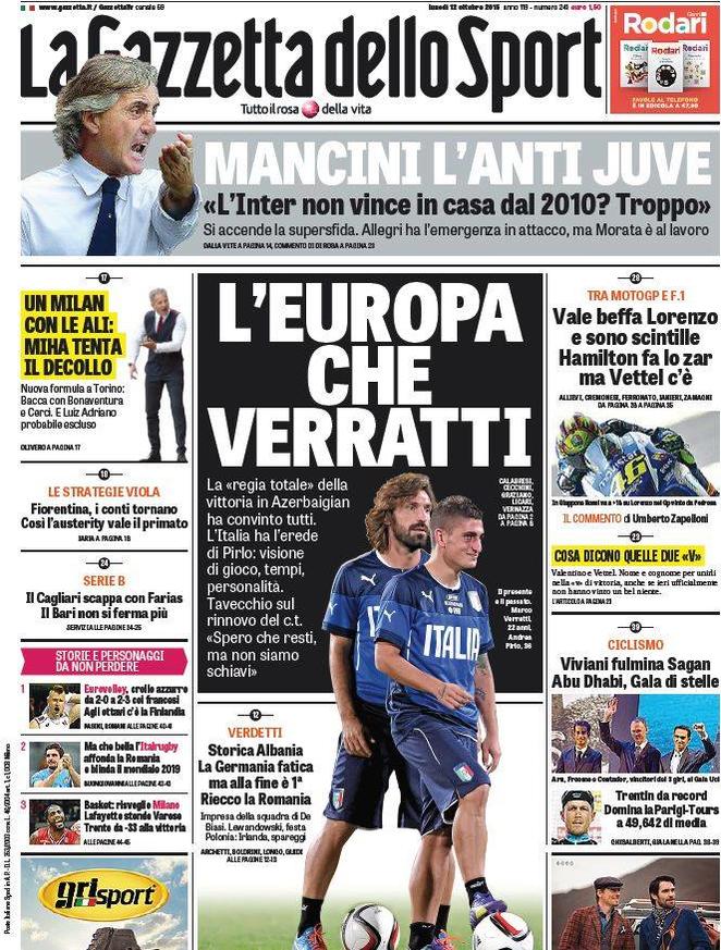 Rassegna stampa 12 ottobre 2015: prime pagine Gazzetta, Corriere e Tuttosport