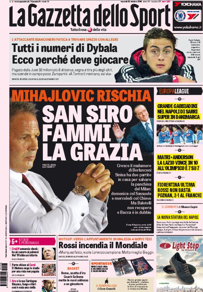 Rassegna stampa 23 ottobre 2015: prime pagine Gazzetta, Corriere e Tuttosport