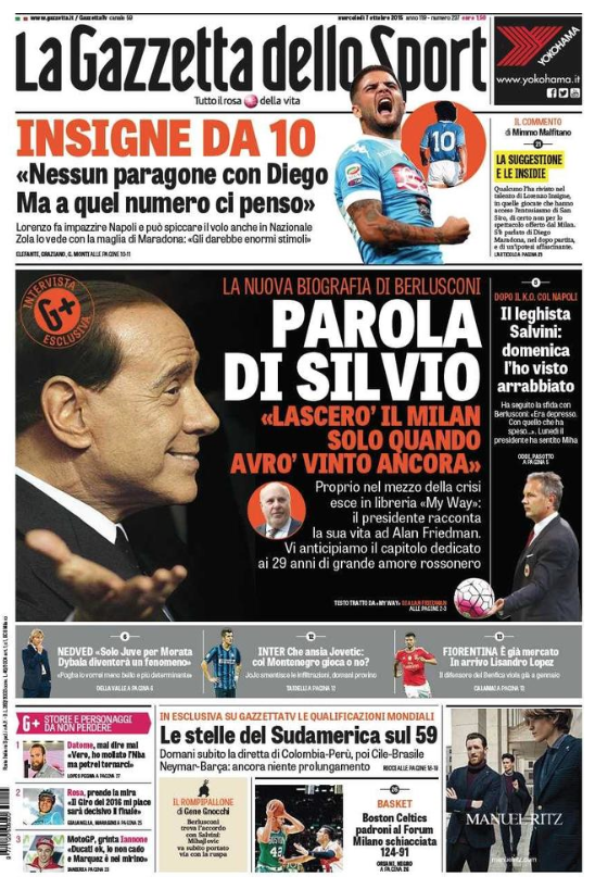 Rassegna stampa 7 ottobre 2015: prime pagine Gazzetta, Corriere e Tuttosport