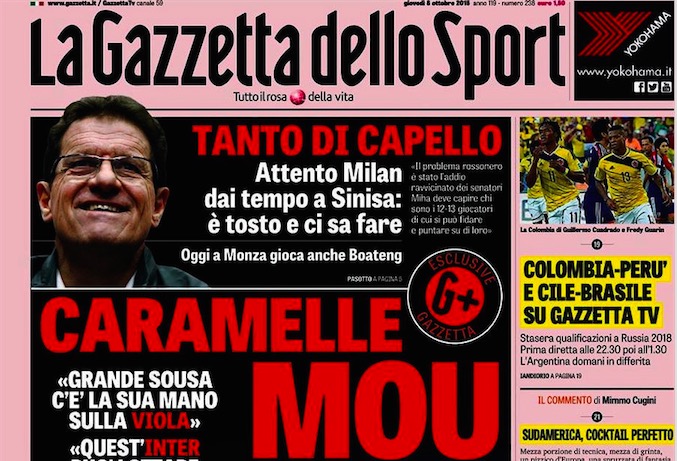 Rassegna stampa 8 ottobre 2015: prime pagine Gazzetta, Corriere e Tuttosport