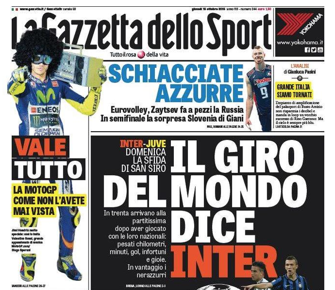 Rassegna stampa 15 ottobre 2015: prime pagine Gazzetta, Corriere e Tuttosport