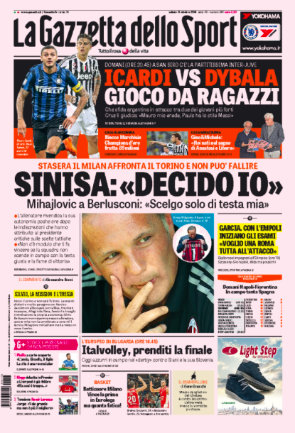 Rassegna stampa 17 ottobre 2015: prime pagine Gazzetta, Corriere e Tuttosport