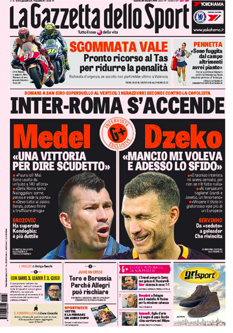 Rassegna stampa 30 ottobre 2015: prime pagine Gazzetta, Corriere e Tuttosport