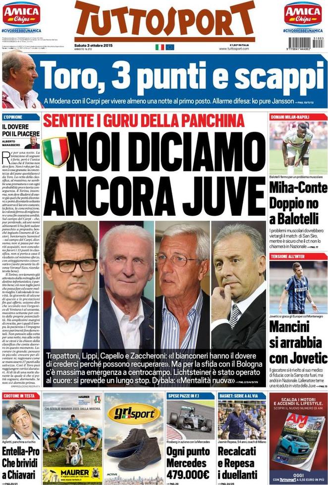Rassegna stampa 3 ottobre 2015, prime pagine Gazzetta, Corriere e Tuttosport