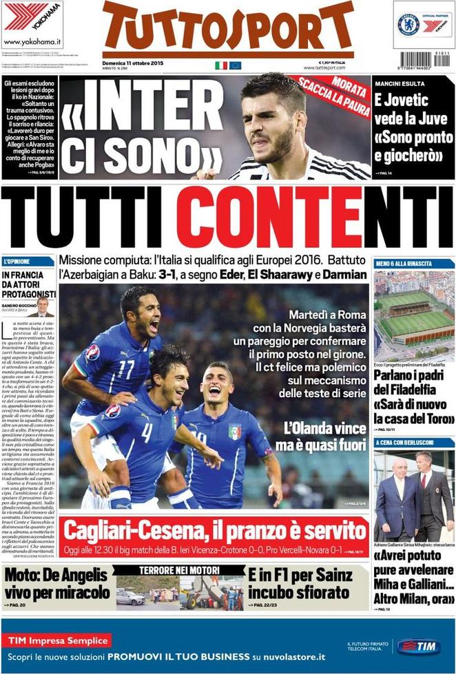 Rassegna stampa 11 ottobre 2015: prime pagine Gazzetta, Corriere e Tuttosport