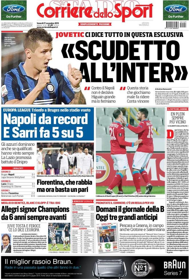 Rassegna stampa 27 novembre 2015: prime pagine Gazzetta, Corriere e Tuttosport