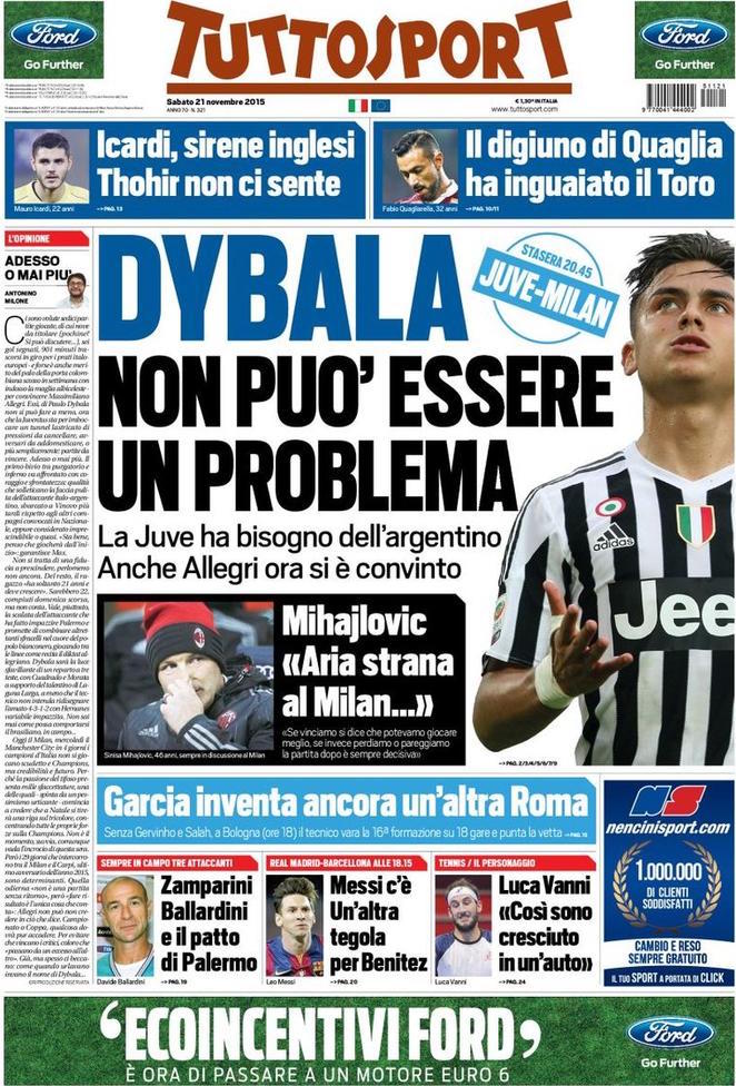 Rassegna stampa 21 novembre 2015: prime pagine Gazzetta, Corriere e Tuttosport