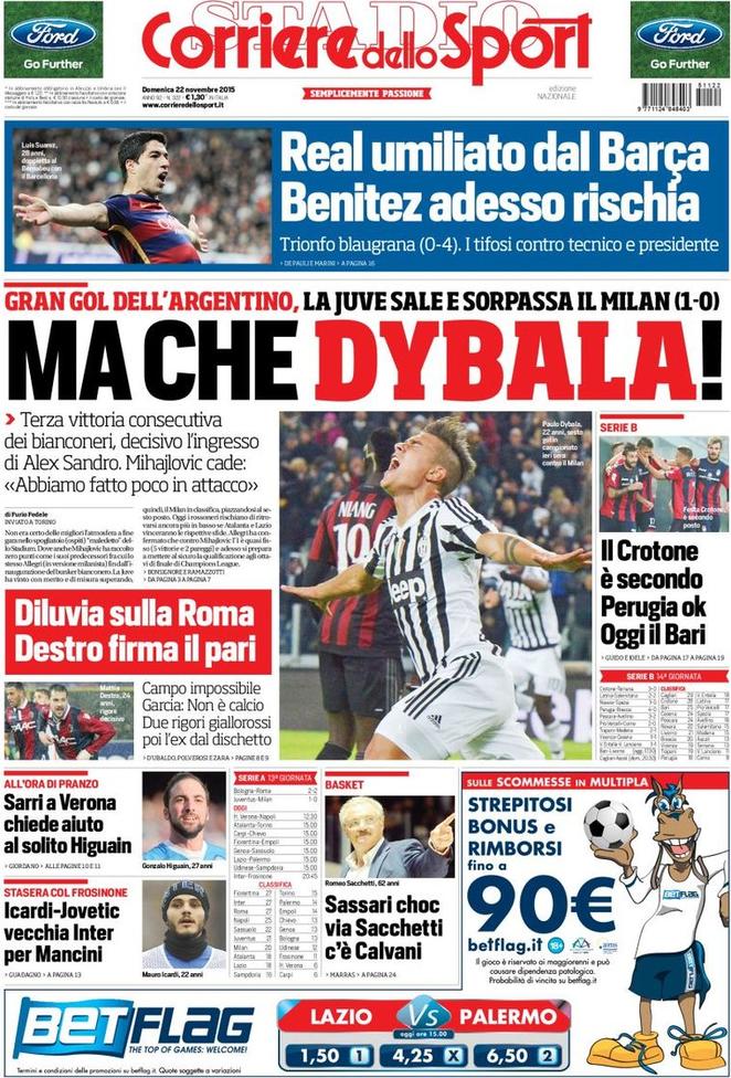 Rassegna stampa 22 novembre 2015: prime pagine Gazzetta, Corriere e Tuttosport
