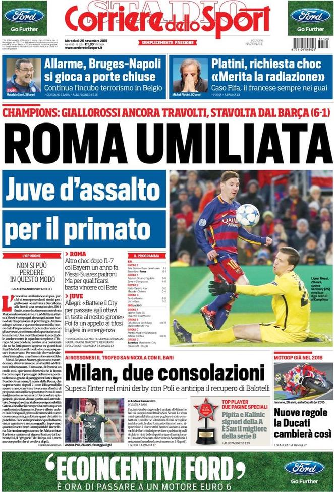 Rassegna stampa 25 novembre 2015: prime pagine Gazzetta, Corriere e Tuttosport