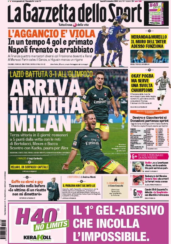 Rassegna stampa 2 novembre: prime pagine Gazzetta, Corriere e Tuttosport