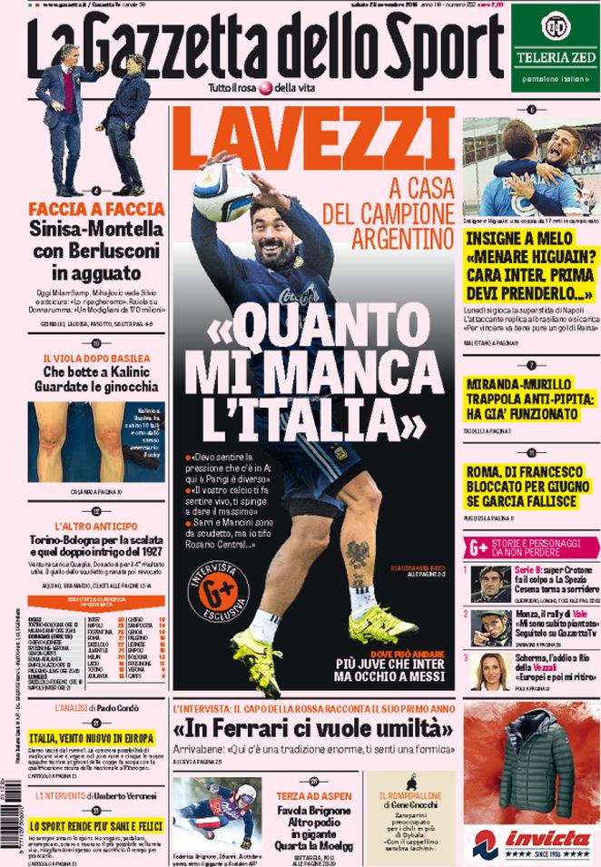 Rassegna stampa 28 novembre 2015: prime pagine Gazzetta, Corriere e Tuttosport