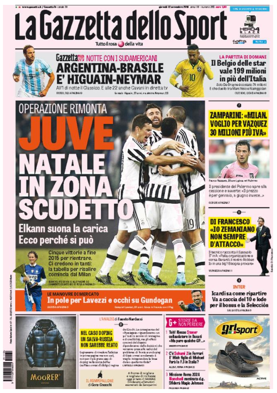 Rassegna stampa 12 novembre 2015: prime pagine Gazzetta, Corriere e Tuttosport