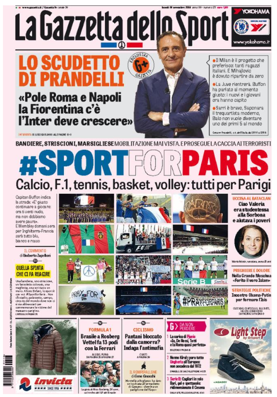 Rassegna stampa 16 novembre 2015: prime pagine Gazzetta, Corriere e Tuttosport