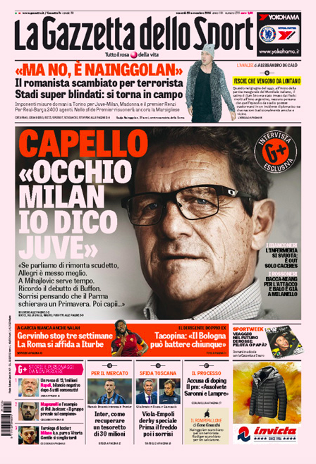 Rassegna stampa 20 novembre 2015: prime pagine Gazzetta, Corriere e Tuttosport