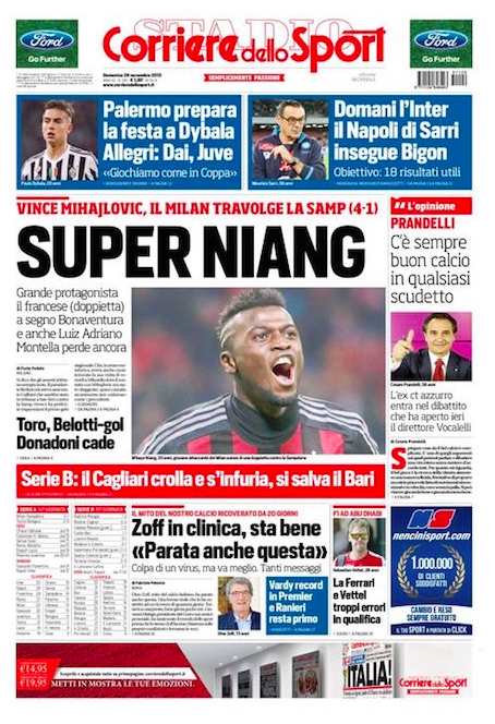 Rassegna stampa 29 novembre 2015: prime pagine Gazzetta, Corriere e Tuttosport