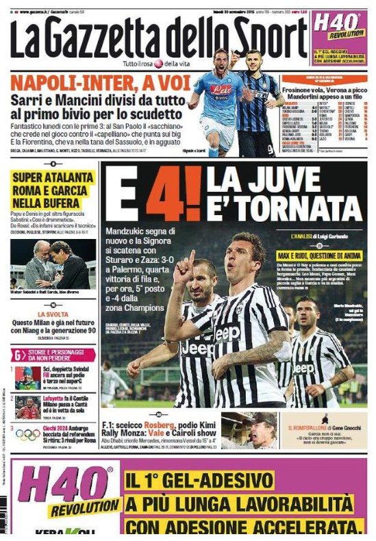 Rassegna stampa 30 novembre 2015: prime pagine Gazzetta, Corriere e Tuttosport