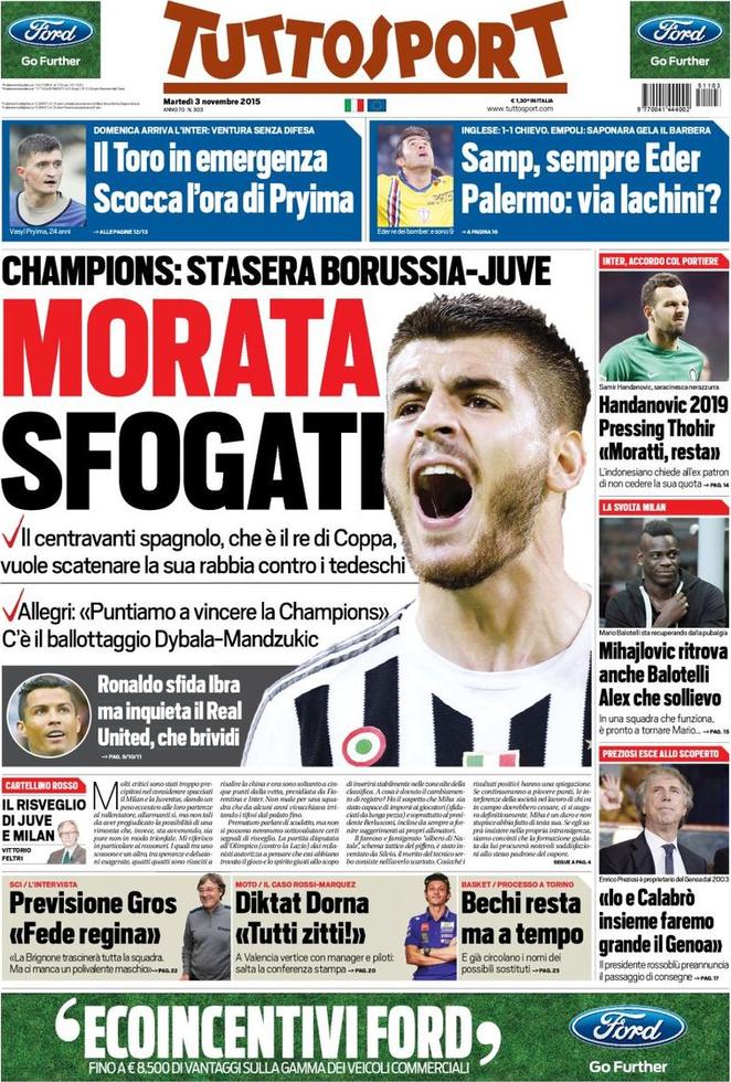 Rassegna stampa 3 novembre: prime pagine Gazzetta, Corriere e Tuttosport