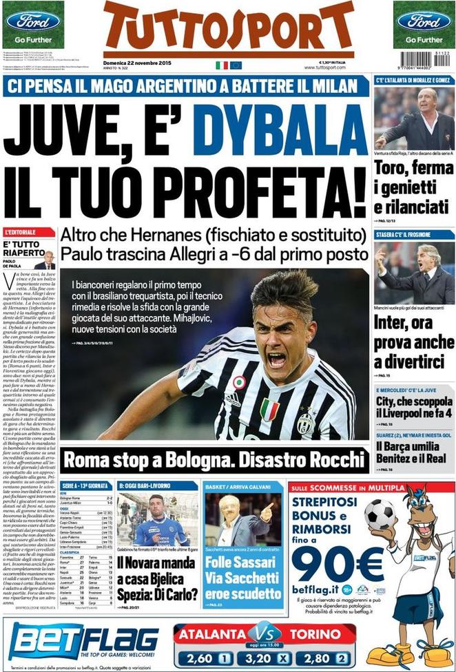 Rassegna stampa 22 novembre 2015: prime pagine Gazzetta, Corriere e Tuttosport