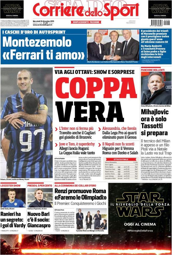 Rassegna stampa 16 dicembre 2015: prime pagine Gazzetta, Corriere e Tuttosport