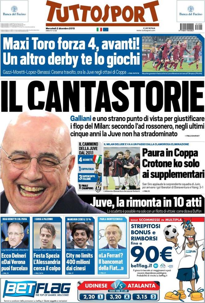 Rassegna stampa 2 dicembre 2015: prime pagine Gazzetta, Corriere e Tuttosport