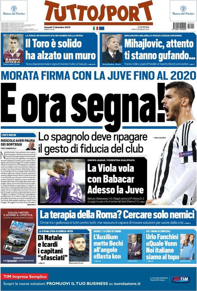 Rassegna stampa 11 dicembre 2015: prime pagine Gazzetta, Corriere e Tuttosport