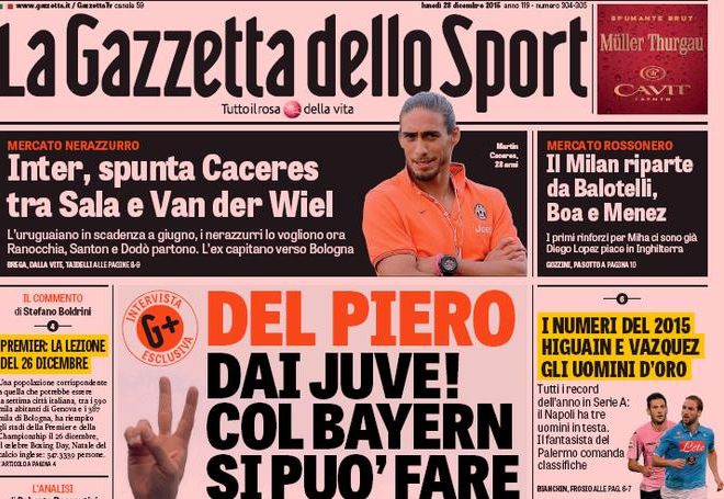Rassegna stampa 28 dicembre 2015: prime pagine Gazzetta, Corriere e Tuttosport