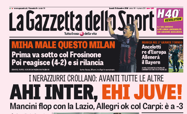 Rassegna stampa 21 dicembre 2015: prime pagine Gazzetta, Corriere e Tuttosport