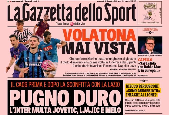 Rassegna stampa 23 dicembre 2015: prime pagine Gazzetta, Corriere e Tuttosport