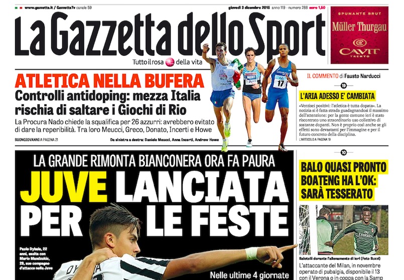 Rassegna stampa 3 dicembre 2015: prime pagine Gazzetta, Corriere e Tuttosport