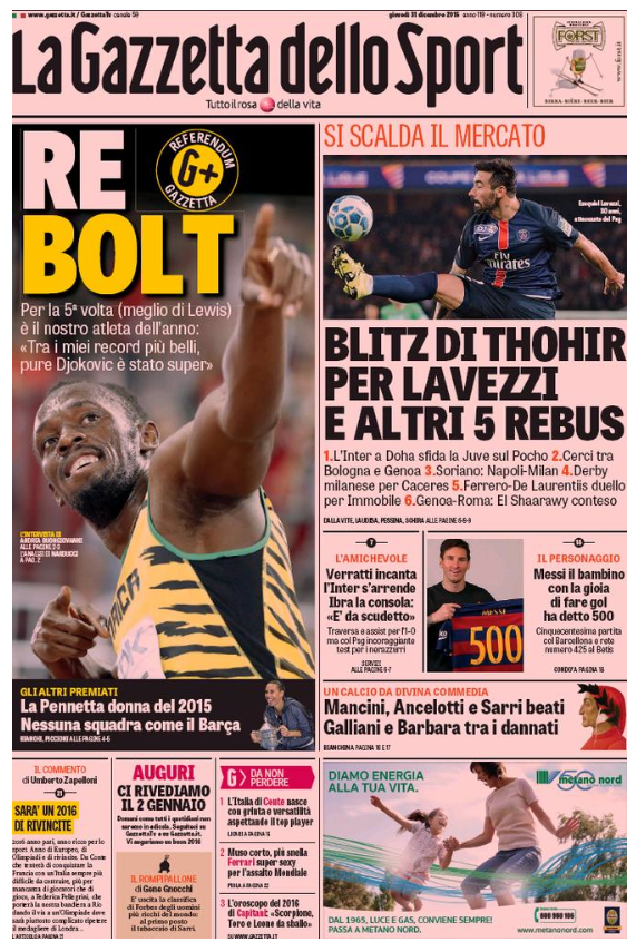 Rassegna stampa 31 dicembre 2015: prime pagine Gazzetta, Corriere e Tuttosport