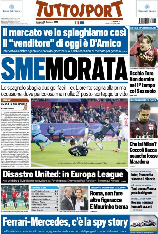 Rassegna stampa 9 dicembre 2015: prime pagine Gazzetta, Corriere e Tuttosport