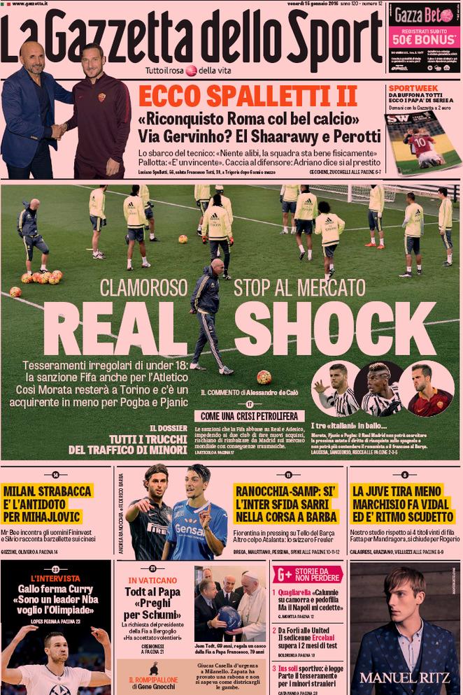 Rassegna stampa 15 gennaio 2016: prime pagine Gazzetta, Corriere e Tuttosport