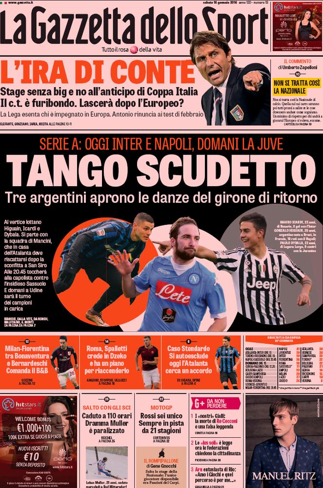 Rassegna stampa 16 gennaio 2016: prime pagine Gazzetta, Corriere e Tuttosport