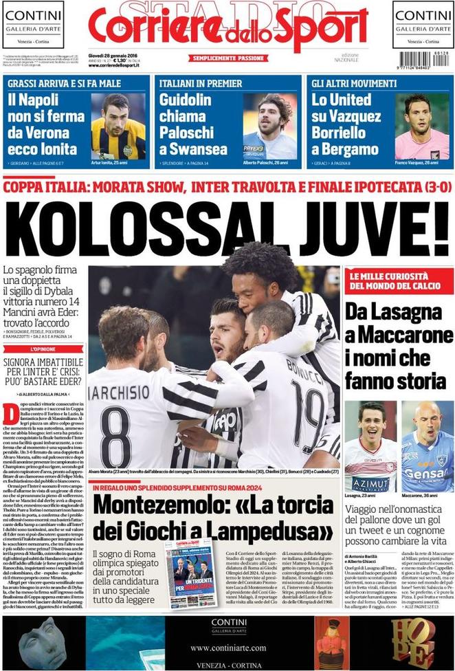 Rassegna stampa 28 gennaio 2016: prime pagine Gazzetta, Corriere e Tuttosport