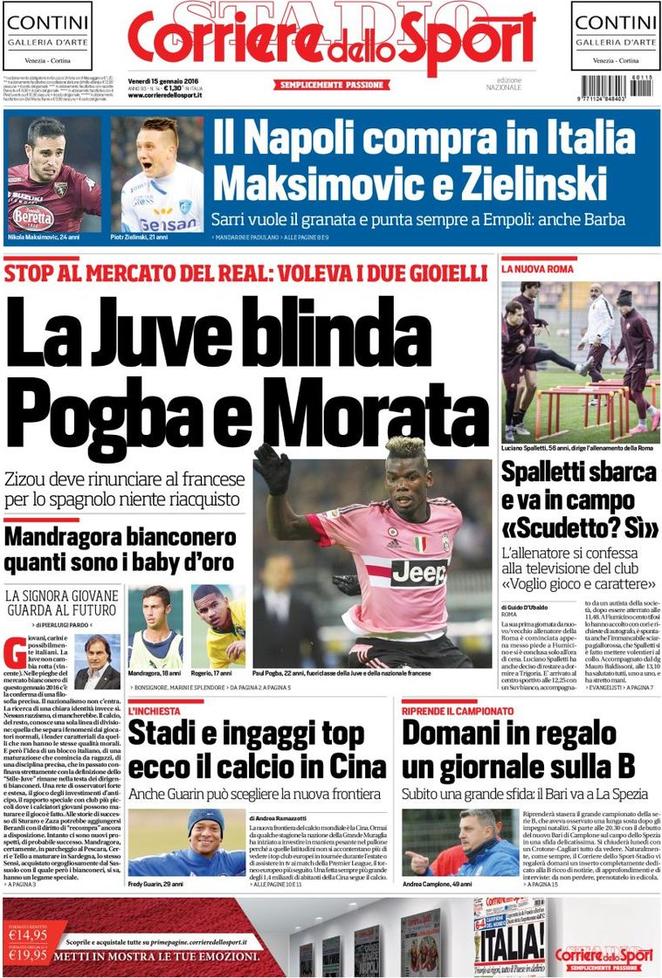 Rassegna stampa 15 gennaio 2016: prime pagine Gazzetta, Corriere e Tuttosport