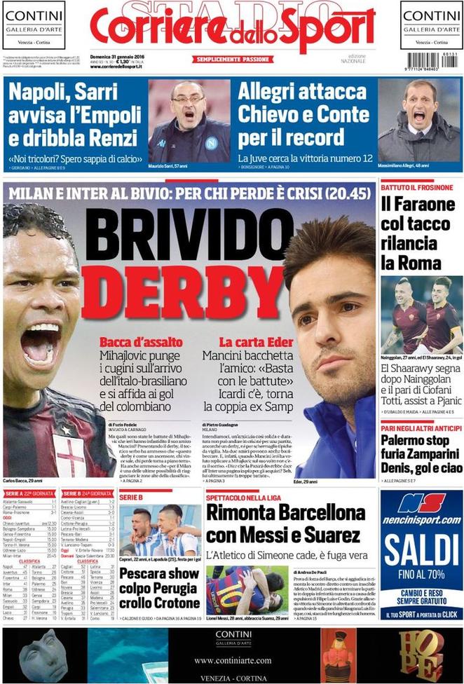 Rassegna stampa 31 gennaio 2016: prime pagine Gazzetta, Corriere e Tuttosport