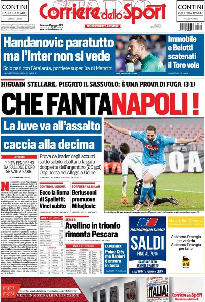 Rassegna stampa 17 gennaio 2016: prime pagine Gazzetta, Corriere e Tuttosport