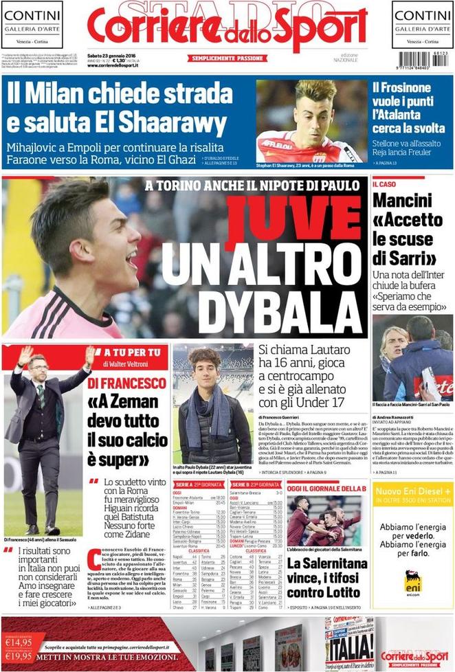 Rassegna stampa 23 gennaio 2016: prime pagine Gazzetta, Corriere e Tuttosport