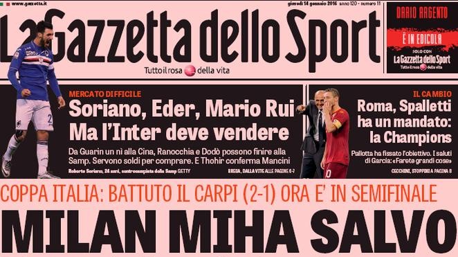 Rassegna stampa 14 gennaio 2016: prime pagine Gazzetta, Corriere e Tuttosport