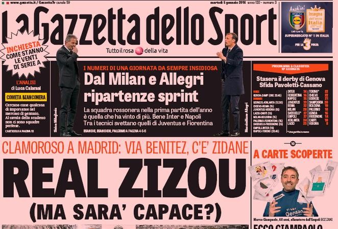 Rassegna stampa 5 gennaio 2016: prime pagine Gazzetta, Corriere e Tuttosport